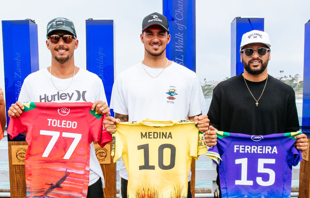 Filipe Toledo, Gabriel Medina e Italo Ferreira estão na badalada lista de campeões mundiais de surf. Foto: WSL / Thiago Diz