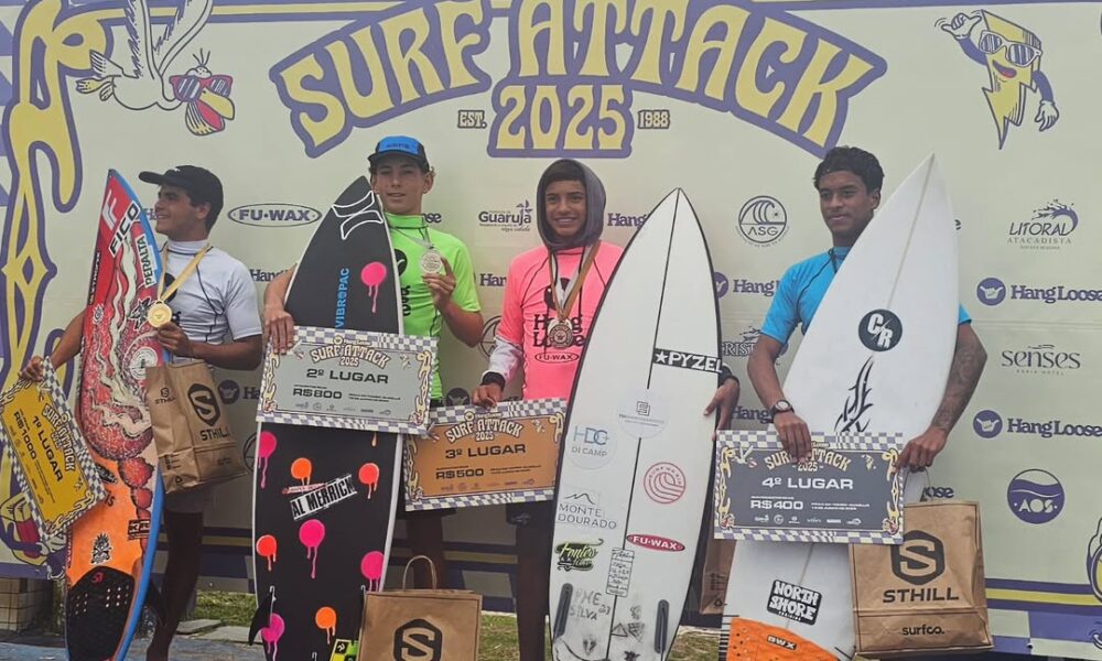 Pódio da categoria Sub-16 na primeira etapa do Hang Loose Surf Attack 2025, disputada no Guarujá. Kailani Rennó venceu com destaque, somando notas altas na grande final.