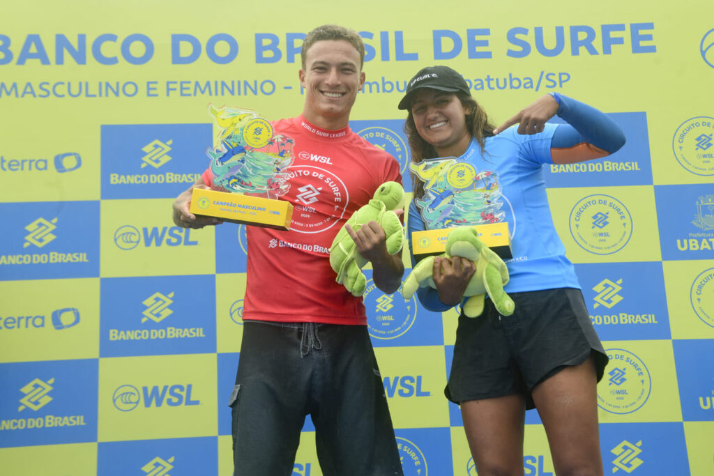 Heitor Mueller e Sophia Medina são os campeões da segunda etapa do Circuitoi Banco do Brasil de Surfe em Itamambuca, Ubatuba (SP). Foto: WSL Brasil / Marcio David