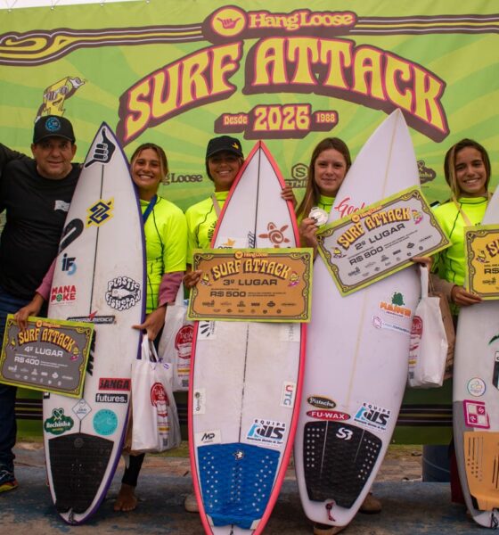 Primeira etapa do Hang Loose Surf Attack 2026, Praia do Tombo, Guarujá (SP). Foto: Erik Medalha