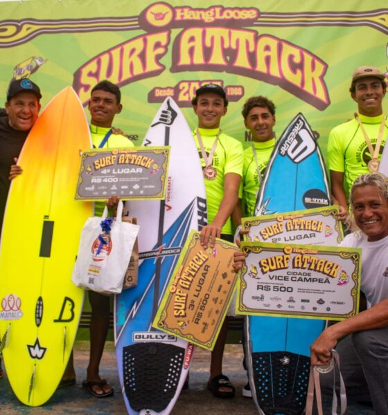 Primeira etapa do Hang Loose Surf Attack 2026, Praia do Tombo, Guarujá (SP). Foto: Erik Medalha