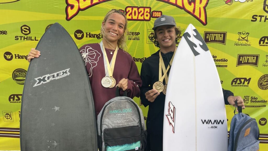 Isabel Meyer e Bernardo Pires entre os destaques da etapa final do Hang Loose Surf Attack 2026, em Maresias. Foto: Erik Medalha