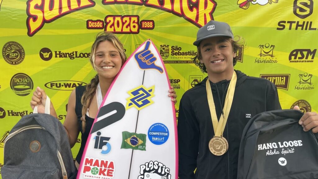 Carol Bastides e Bernardo Pires, Terceira etapa do Hang Loose Surf Attack 2026, Praia de Maresias, São Sebastião (SP). Foto: Erik Medalha