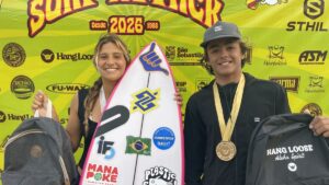 Carol Bastides e Bernardo Pires, Terceira etapa do Hang Loose Surf Attack 2026, Praia de Maresias, São Sebastião (SP). Foto: Erik Medalha