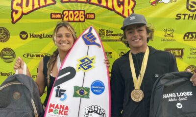 Carol Bastides e Bernardo Pires, Terceira etapa do Hang Loose Surf Attack 2026, Praia de Maresias, São Sebastião (SP). Foto: Erik Medalha