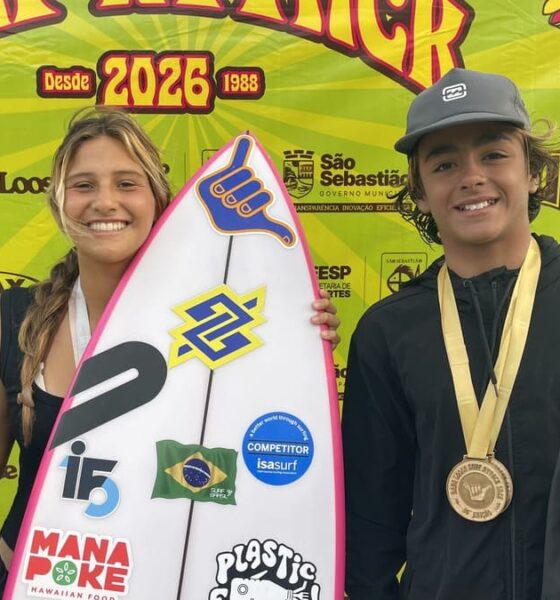 Carol Bastides e Bernardo Pires, Terceira etapa do Hang Loose Surf Attack 2026, Praia de Maresias, São Sebastião (SP). Foto: Erik Medalha