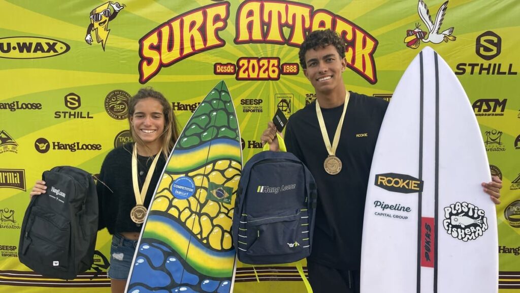 Júlia Stefani e John Muller, Terceira etapa do Hang Loose Surf Attack 2026, Praia de Maresias, São Sebastião (SP). Foto: Erik Medalha